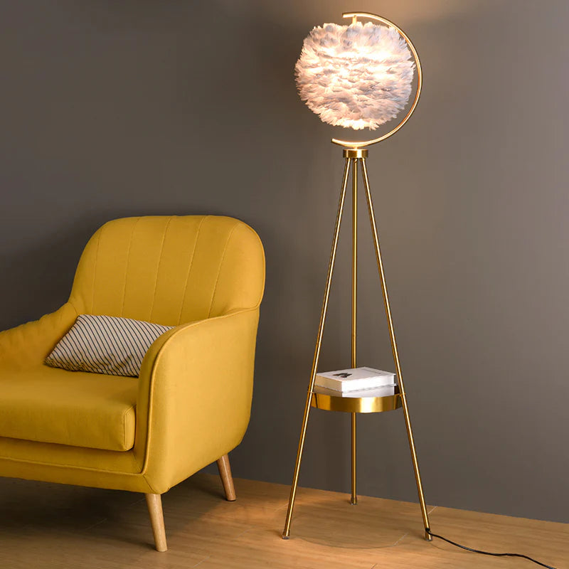 Floor Lamp Metal with Shelves Tripod with Suspended Feather Lampshade