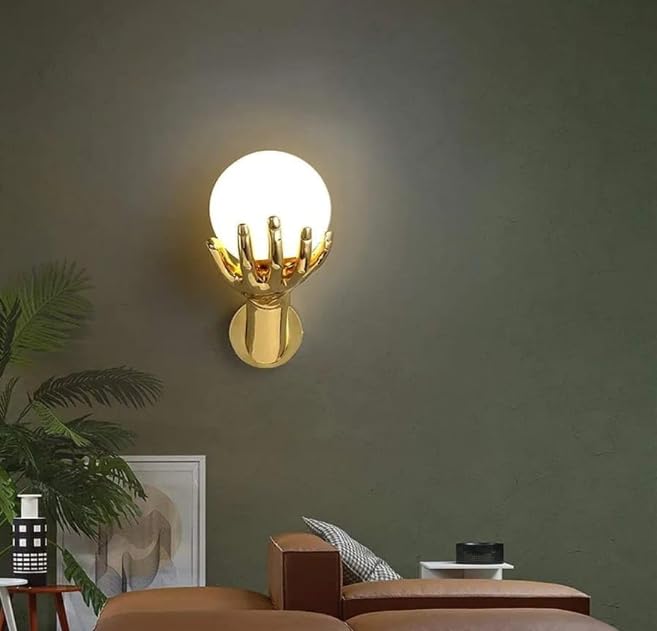 Creative Golden Resin Hand Holding Frosted Glass Globe Lamp