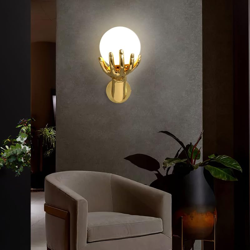 Creative Golden Resin Hand Holding Frosted Glass Globe Lamp