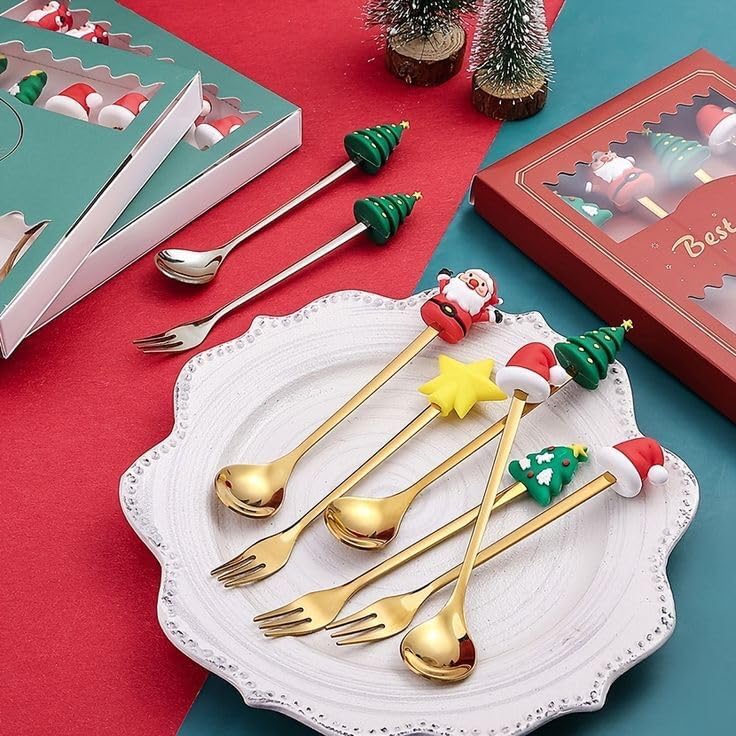 CHRISTMAS SET OF 6 Folk and Spoon gold set