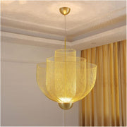 Metal Grid-Shaped Hanging Light, Creative Light Luxury Iron Lampshade Chandeliers for Villa Living Room Auditorium Commercial Venue (Color : Gold)