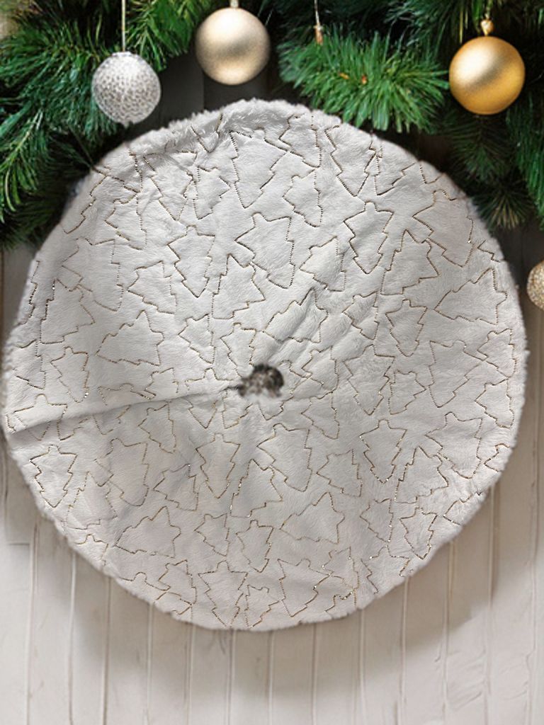 Christmas Sequin Tree Skirt 34in,White Soft Thick with Golden Tree Decorations for 5FT 6FT 7FT Xmas Tree