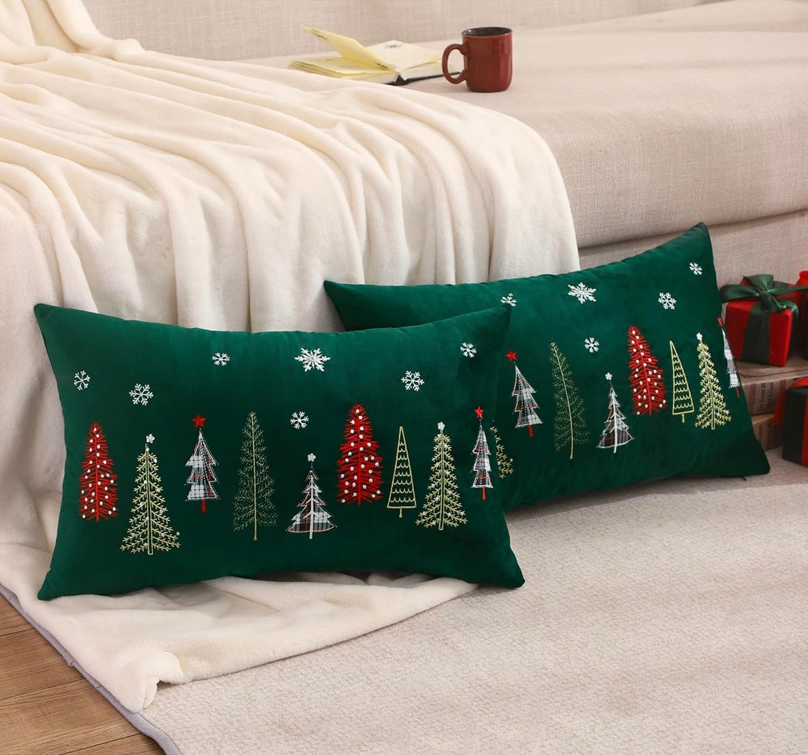 Christmas Tree Pillow Covers With INSERTS 12x20 Set of 2 Dark Forest Green Xmas Trees Snowflake Throw Pillow Covers Winter Christmas Farmhouse Rectangle Pillow Case for Living Room Couch Sofa