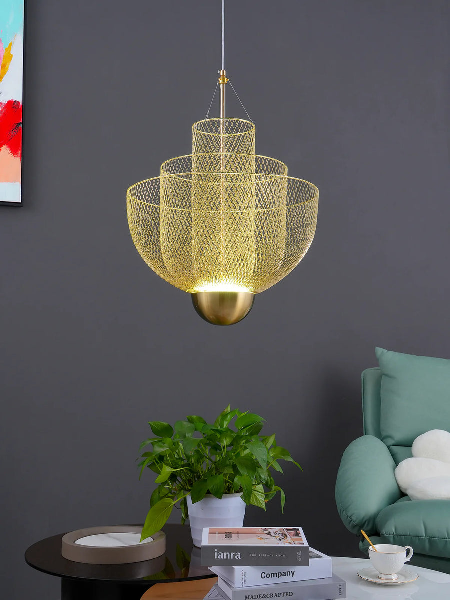 Metal Grid-Shaped Hanging Light, Creative Light Luxury Iron Lampshade Chandeliers for Villa Living Room Auditorium Commercial Venue (Color : Gold)