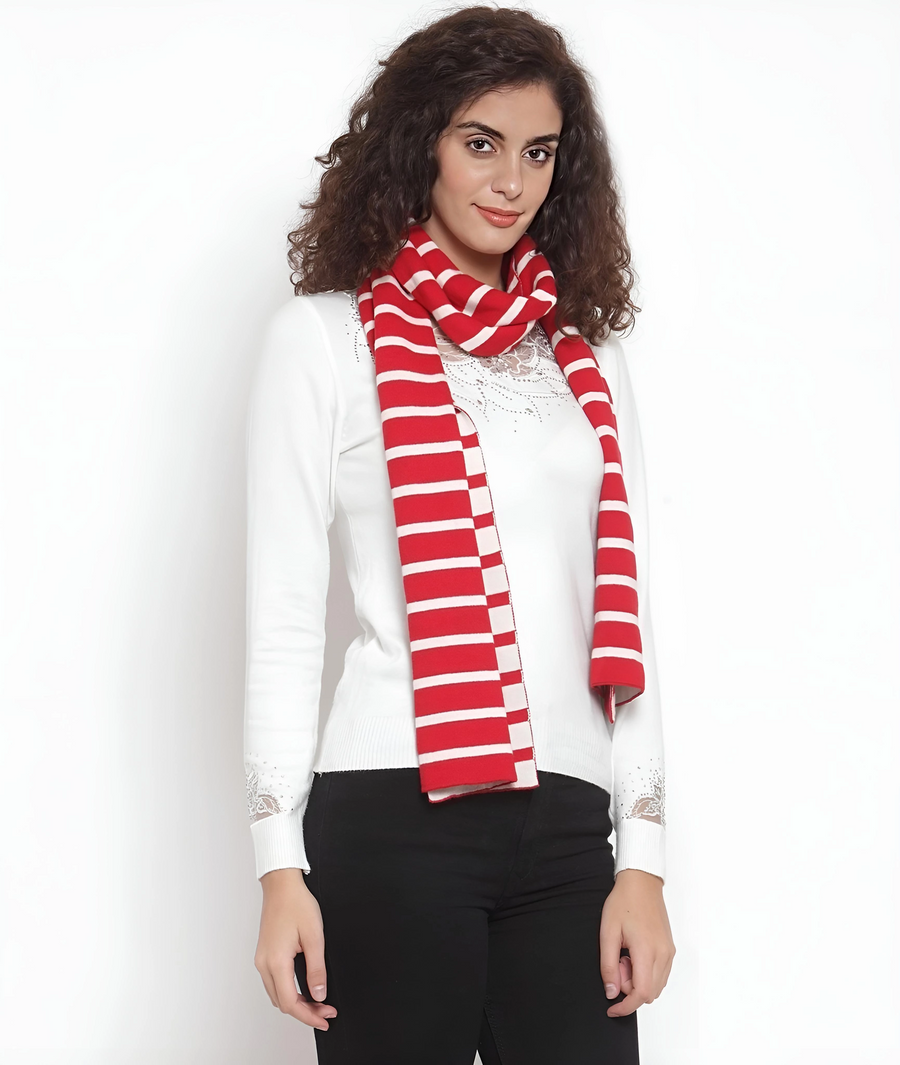 Red and Ivory Striped Cotton Knitted Scarf