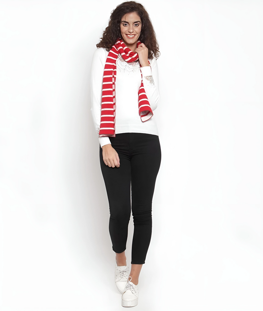 Red and Ivory Striped Cotton Knitted Scarf