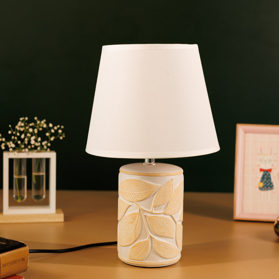 Green And White - Table Lamp - Two Tone Textured Leaf Motif