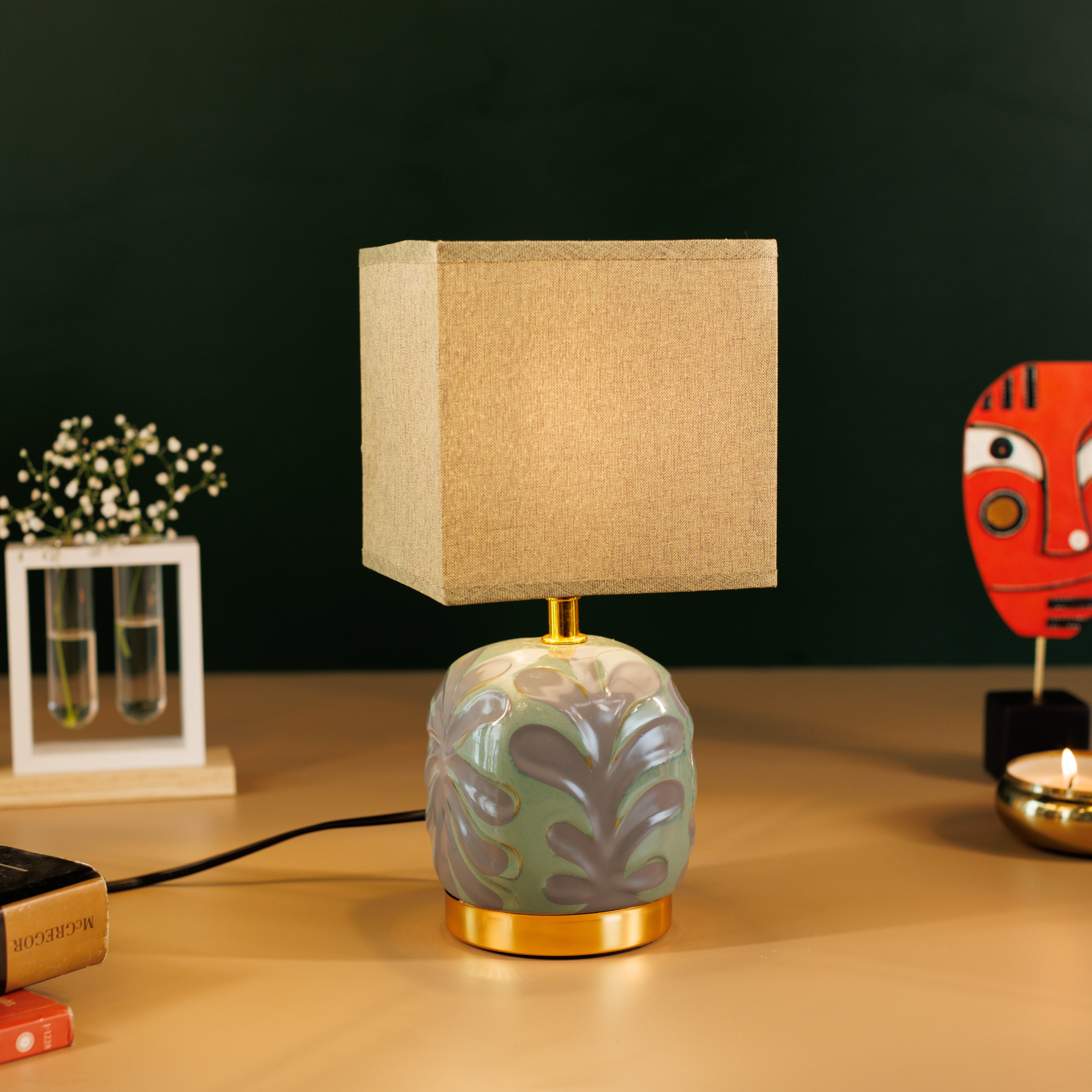 Nordic Simple Ceramic Vase Table Lamp with Fabric Lampshade - olive Green