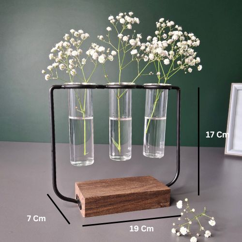 Wooden Plant Pot, 3 Glass Tubes Plant