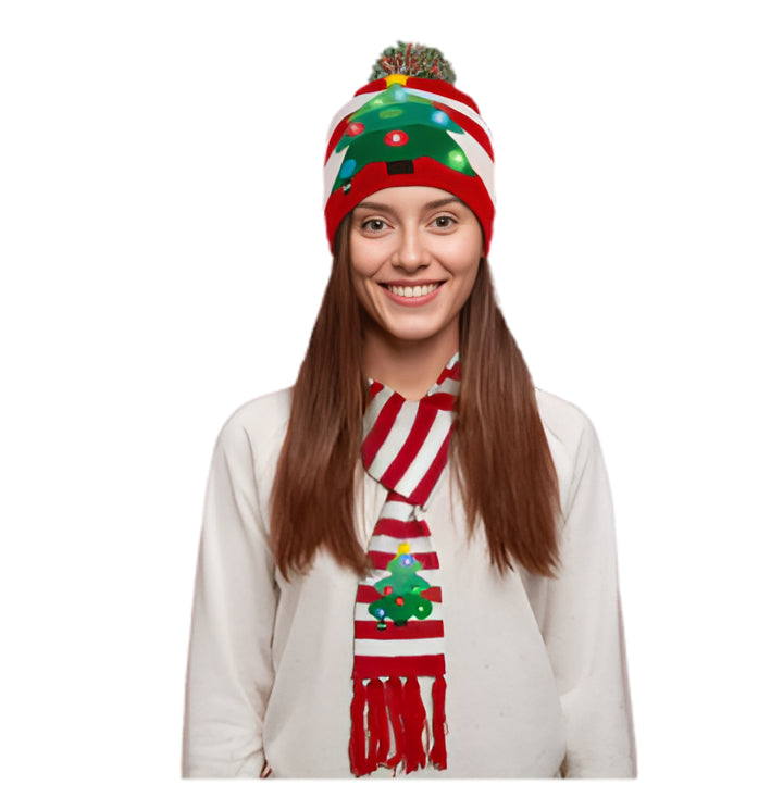 Warm Knitted LED Christmas Cap and Scarf Set