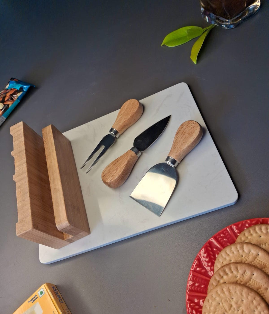 Wooden Cheese Platter Set With Marble Board And Cheese Cutlery Style 3