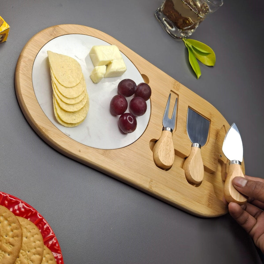 Wooden Cheese Platter Set With Marble Board And Cheese Cutlery Style 2