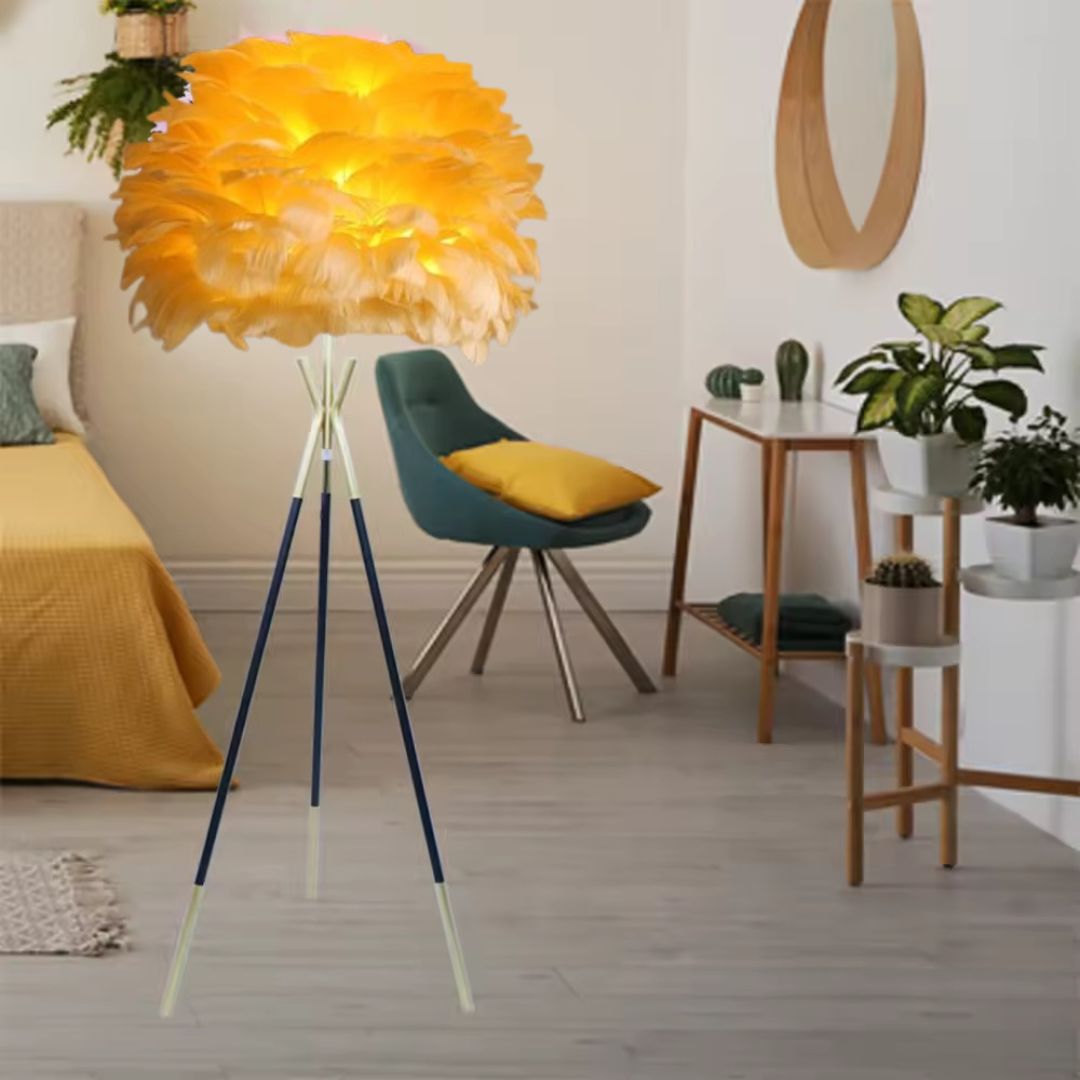 Floor Lamp Metal with Shelves Tripod with Suspended Feather Lamp shade