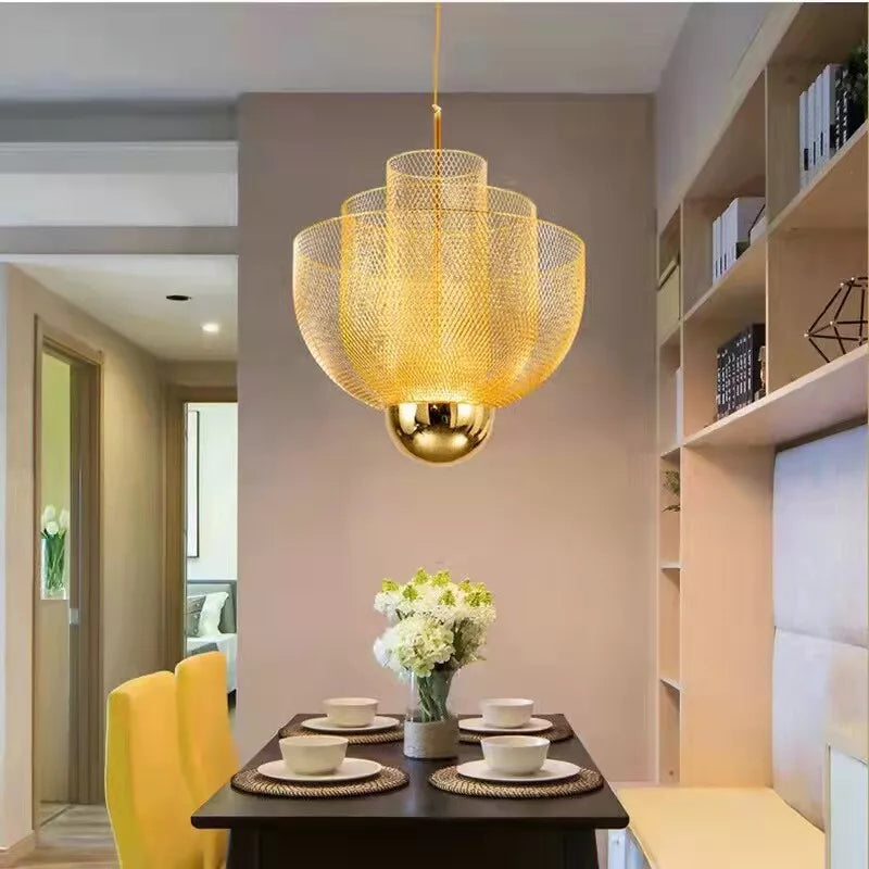 Metal Grid-Shaped Hanging Light, Creative Light Luxury Iron Lampshade Chandeliers for Villa Living Room Auditorium Commercial Venue (Color : Gold)