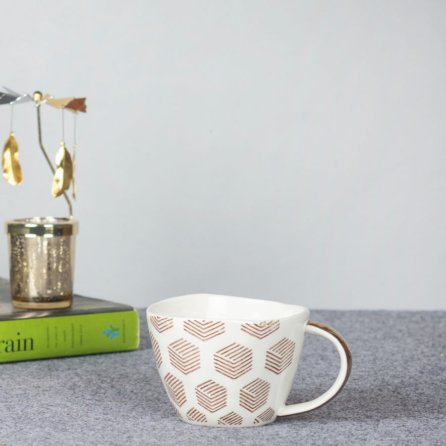 Geometric Print Ceramic Coffee Mug with a Golden Handle