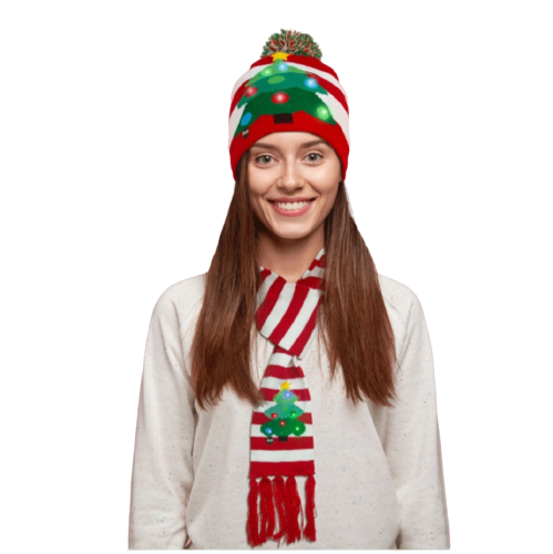 Warm Knitted LED Christmas Cap and Scarf Set